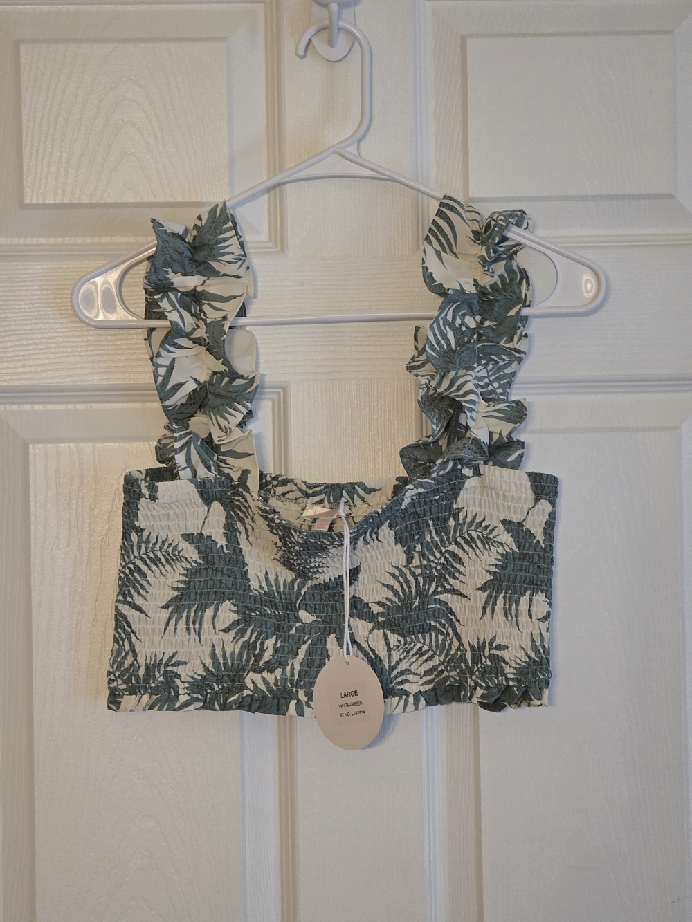NWT Luxxel Green and White Smocked Ruffle-Strap Crop Top